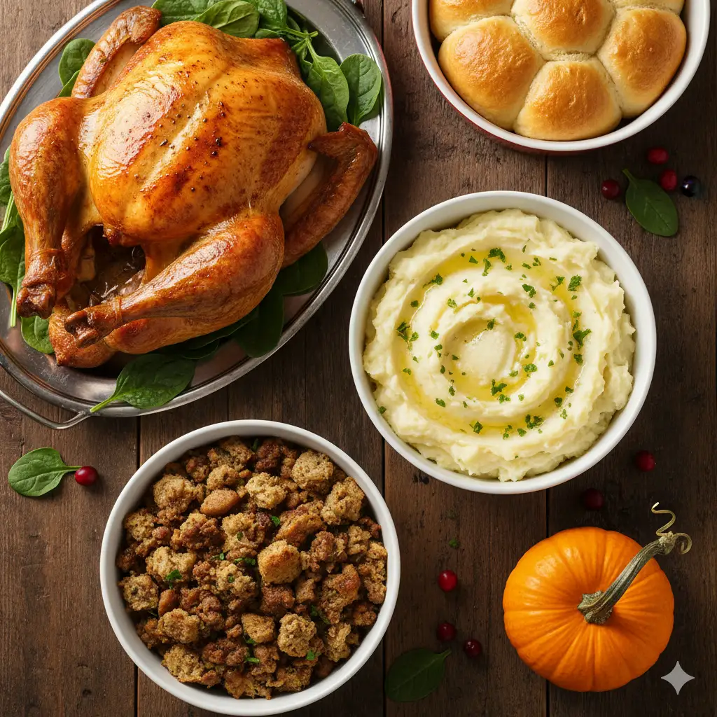 Create a warm, overhead-style Thanksgiving dinner scene photographed from above. Center the composition on a rustic wooden table with rich brown tones. In the upper left, place a golden-brown roasted turkey resting on a silver serving tray lined with fresh green spinach leaves. Arrange a white bowl of fluffy mashed potatoes nearby, with visible butter swirls and small parsley flakes. Beside it, include another white bowl filled with traditional stuffing, showcasing crumbled bread, herbs, and savory browns. In the upper right, add a round white dish filled with several golden dinner rolls. In the lower right corner, place a small, bright orange mini pumpkin for a festive touch. Ensure the lighting is soft and natural, emphasizing textures—the crisp turkey skin, creamy mashed potatoes, and rustic wood grain. Create an inviting, cozy holiday atmosphere with realistic colors and subtle shadows.