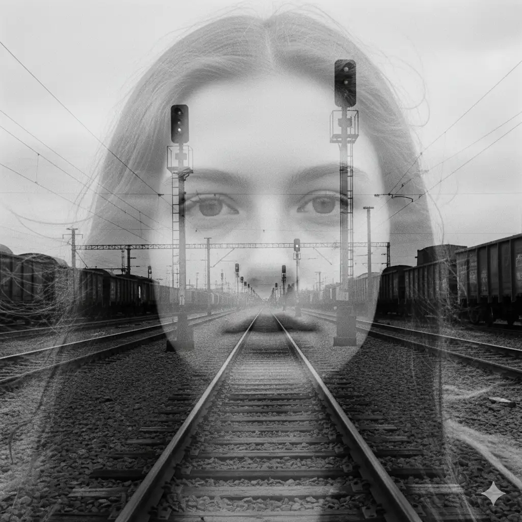 Create a black-and-white double-exposure composition blending a close-up portrait of a young person with long, windswept hair and a quiet, industrial railyard scene. The face should dominate the frame, with soft light revealing subtle contours, calm expression, and delicate highlights along the hair. Through the transparency of the portrait, layer strong linear elements of train tracks, cargo wagons, signal lights, and metal structures that extend into the distance, creating deep perspective lines. Ensure the two images merge seamlessly so the tracks align with the facial features, especially the eyes and jawline, forming a poetic visual interplay between human emotion and industrial geometry. The overall mood should be contemplative, atmospheric, and slightly haunting, with high contrast, fine grain, and a classic film-photography aesthetic.