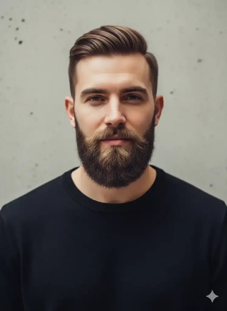 Create an ultra-modern and minimalist social media profile picture based on my photo of a man. He is wearing a high-quality, simple black crewneck sweater made of a fine-gauge knit. The background is a solid, textured concrete wall in a neutral light grey, creating a sophisticated and clean aesthetic. The lighting should be a single, soft key light from the side, sculpting his face with subtle shadows and highlights. The shot is a tightly cropped headshot, with him looking directly into the lens with a calm and serious expression, rendered in sharp, 4k photorealistic detail.