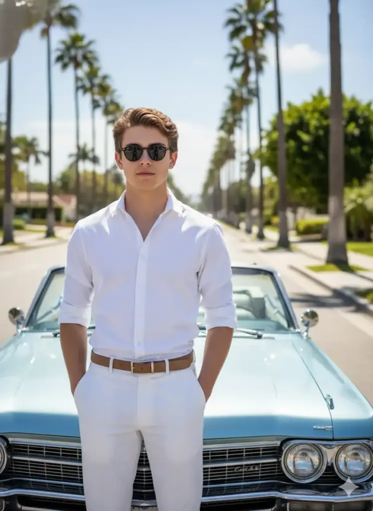 Create photo of a fashionable young man standing confidently beside a vintage light-blue convertible car under clear daylight. He wears a crisp white shirt with the sleeves rolled up and matching white trousers with a belt, exuding a clean and sophisticated summer look. His hands are casually in his pockets, and he sports round black sunglasses and neatly styled hair. The setting features a palm-lined street with a bright blue sky, lush greenery, and a relaxed, sun-soaked atmosphere reminiscent of a California or Miami boulevard. The lighting is sharp yet flattering, enhancing the modern, luxury lifestyle aesthetic.