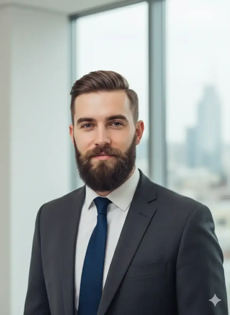 Create a professional and photorealistic profile picture for social media, based on my photo of a confident man. He should be wearing a modern, well-fitted charcoal grey suit, a crisp white dress shirt, and a classic navy blue tie. The background should be a bright, minimalist office with clean architectural lines and a subtle, out-of-focus window view. Utilize soft, flattering studio lighting to eliminate harsh shadows and highlight his features, making him look professional and approachable. The composition is a classic headshot from the chest up, with him looking directly at the camera with a slight, confident smile, all rendered in 8k resolution with hyper-realistic detail.