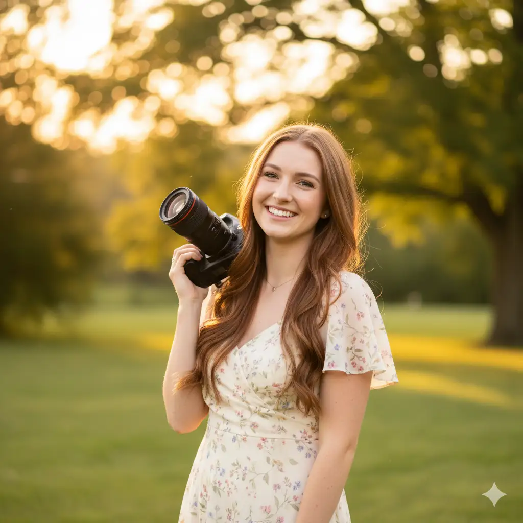 Create photo of a cheerful young woman standing outdoors in a sunlit garden, holding a professional DSLR camera with a large lens resting on her shoulder. She has long, softly wavy hair and a bright, genuine smile. She wears a light cream-colored floral dress with short sleeves and delicate patterns, radiating warmth and charm. The background features a lush green lawn and softly blurred trees glowing in golden-hour sunlight, giving a dreamy, natural feel. The image captures her as a creative and joyful photographer enjoying a peaceful moment surrounded by nature.