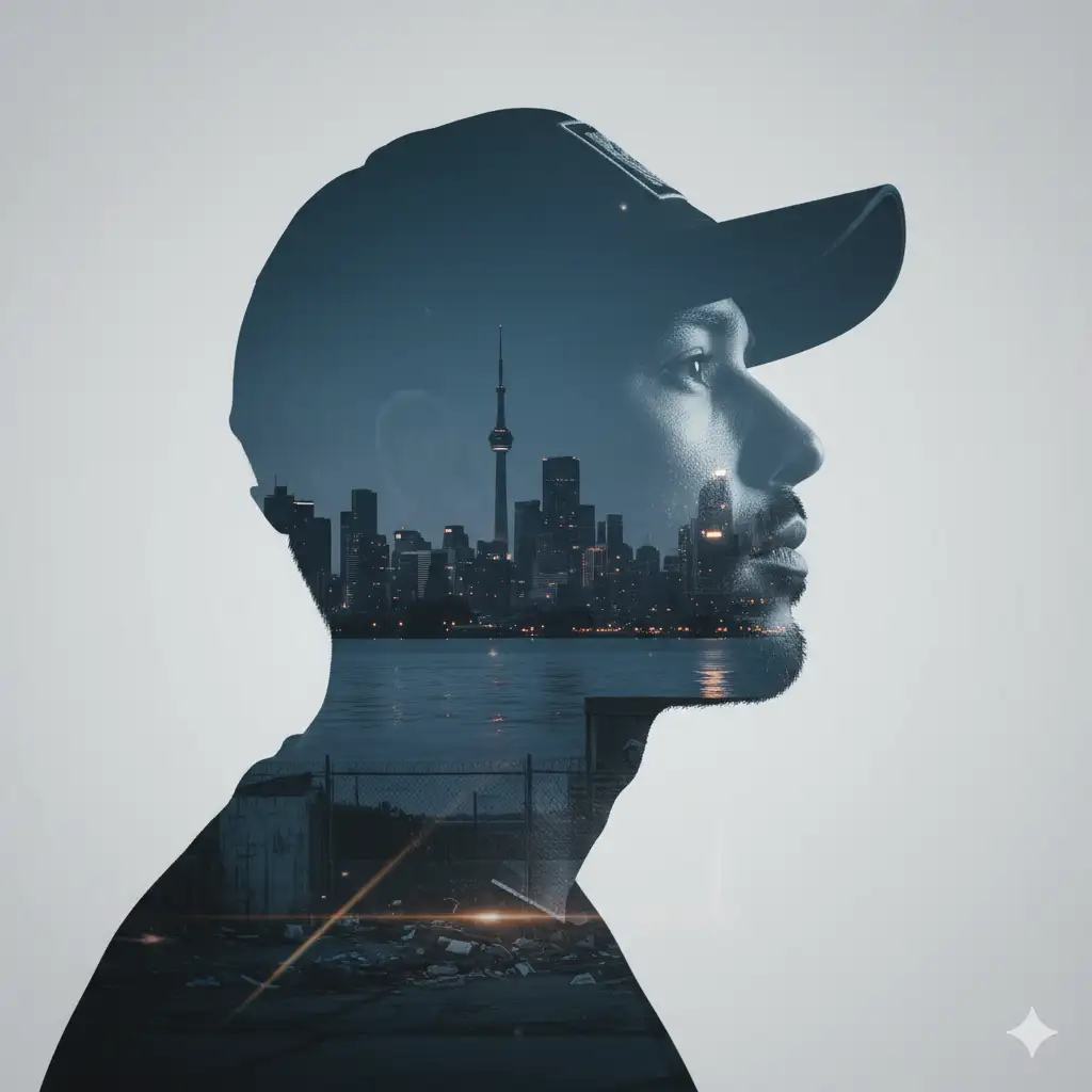 Create a dramatic double-exposure portrait formed within the silhouette of a man wearing a cap, shown in profile with his face angled slightly upward in a thoughtful, determined expression. The silhouette is dark and clean-edged against a smooth, neutral background. Inside the silhouette, seamlessly blended, is a dusky cityscape at blue hour, featuring distant high-rise buildings, a recognizable tower structure, and soft reflections on the water. The city appears slightly hazy, as if viewed through twilight mist, with scattered urban lights beginning to glow. In the lower portion of the composition, hints of an industrial foreground emerge: fencing, concrete, scattered debris, and subtle lens flares that add cinematic atmosphere. The portrait texture within the silhouette retains gentle shading and grain, merging organically with the skyline. Emphasize moody lighting, cool blue-grey tones, crisp silhouette edges, and a strong visual fusion between human identity and urban environment.