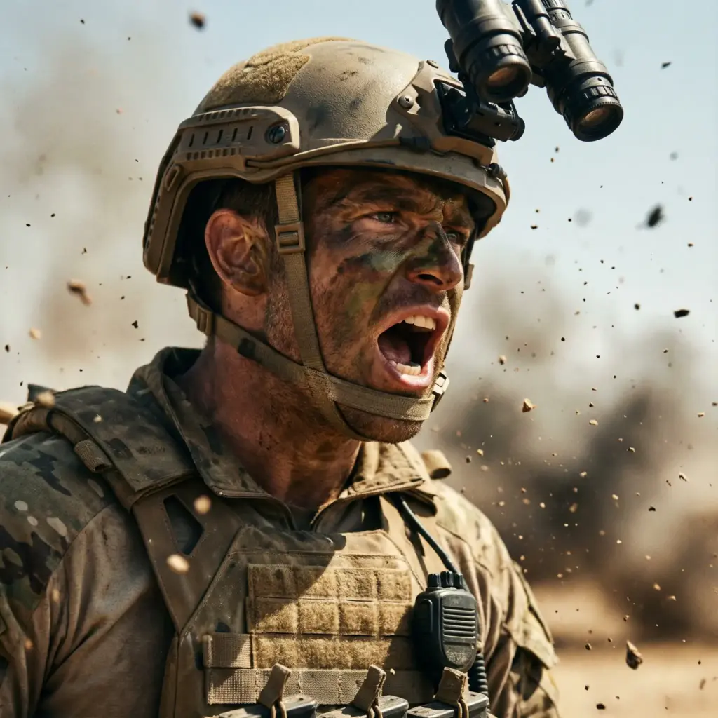 Create a high-intensity cinematic close-up of a special forces operative in the heat of battle. The subject is a male with dirt and camouflage paint smeared across his face, wearing a tactical helmet with mounted night-vision goggles (flipped up) and a dusty kevlar vest. He is shouting orders, veins visible in his neck, conveying pure adrenaline. The background is a blur of explosion debris and smoke. Use a fast shutter speed look to freeze the flying dirt particles around him. The lighting should be harsh and high-contrast, simulating a midday desert sun. Color grade should be warm and gritty. Aspect ratio 1:1.