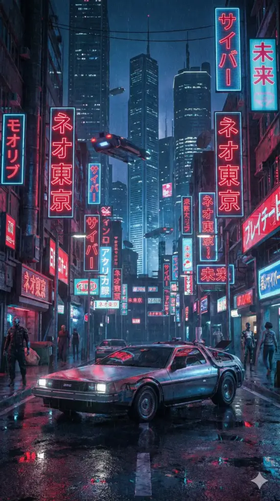 Create a phone wallpaper of a futuristic cyberpunk city street at night. Tall skyscrapers are covered in Japanese neon signs. The street is wet and reflects the red and blue lights. A futuristic car is parked in the foreground. 9:16 aspect ratio.