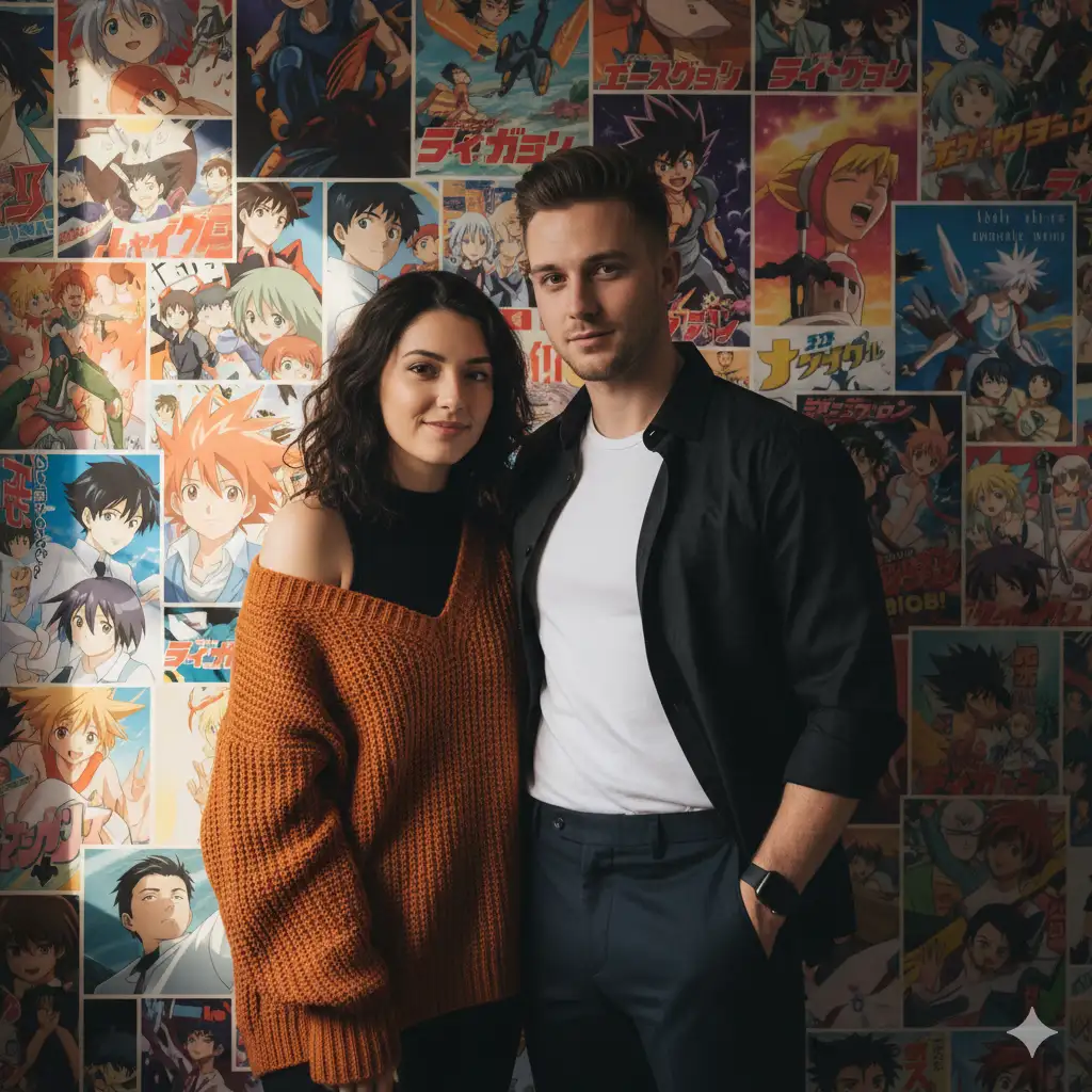 A stylish indoor portrait of a young couple standing close together against a colorful wall covered with anime posters. The woman, wearing a cozy burnt-orange knit cardigan slightly off one shoulder over a black top, exudes a relaxed yet confident vibe. The man stands beside her, dressed in a black button-up shirt over a white t-shirt and dark trousers, one hand in his pocket, wearing a smart watch. Both have calm, self-assured expressions, creating a sense of quiet chemistry and mutual ease. The anime-themed background adds a playful and creative touch, contrasting with their stylish, contemporary appearance. The lighting is soft and balanced, emphasizing warmth, personality, and connection.