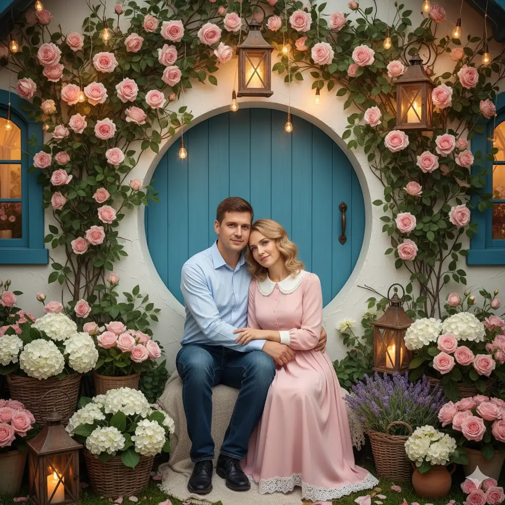 A cozy and romantic couple's portrait set in a whimsical, fairy-tale-inspired environment. The couple sits closely together in front of a round, sky-blue wooden door framed by an arched stucco wall adorned with pink climbing roses and soft green vines. The man, wearing a light blue shirt and dark jeans, gently holds the woman, who is dressed in a pale pink dress with a white collar, creating a refined and elegant look. The background features warm hanging lights, rustic lanterns, and lush floral details that evoke a dreamy garden cottage atmosphere. The soft, warm lighting adds intimacy and charm, highlighting the couple's peaceful expressions and gentle connection.