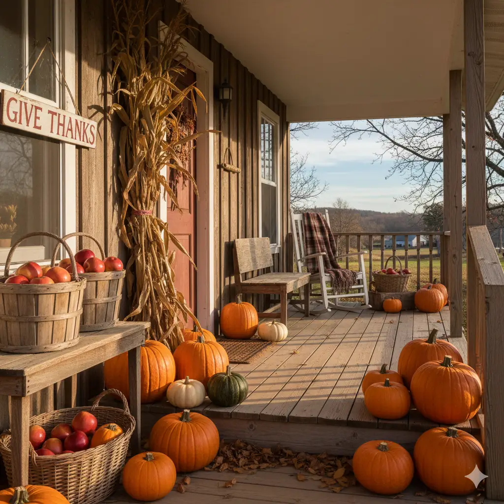 Create a realistic outdoor photograph of a farmhouse porch decorated for Thanksgiving; a mix of pumpkins in various sizes, a bundle of dried corn stalks, wicker baskets filled with apples, and a handmade wooden "Give Thanks" sign; warm afternoon sunlight casting soft shadows; a plaid blanket draped over a rocking chair; dried leaves scattered across the porch floor; crisp, lifelike details that reflect late-autumn atmosphere.