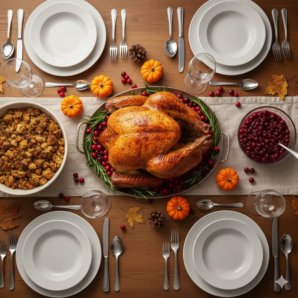 Create photo of a beautifully arranged Thanksgiving-style dinner table viewed from above, centered around a perfectly roasted golden-brown turkey. The turkey sits on an oval platter surrounded by fresh rosemary, bright red cranberries, and small orange gourds. The table is set on warm-toned wooden surfaces with a light linen table runner beneath the platter. Surrounding dishes include a bowl of rustic stuffing with toasted, unevenly textured top pieces, and a smaller bowl of glossy cranberries. The table settings feature white plates layered with smaller salad plates. Clear glassware, both wine glasses and water glasses, captures soft reflections from ambient lighting. The overall atmosphere is warm, inviting, and festive, with autumnal colors, natural textures, and a cozy holiday feel.