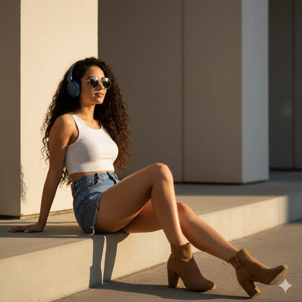 Create photo of a stylish young woman sitting casually on a sunlit concrete ledge, legs extended outward. She wears a white textured crop top and high-waisted denim shorts, paired with tan ankle boots featuring chunky heels. Her hair is long, curly, and loose, flowing naturally. She accessorizes with round dark sunglasses and large over-ear blue headphones, creating a relaxed, modern urban vibe. The background is minimalistic, muted beige and grey walls of a building corridor, emphasizing her silhouette. The lighting is warm and slightly golden, adding a cinematic tone. The mood feels calm and confident, as if she's lost in music while enjoying a quiet moment alone.