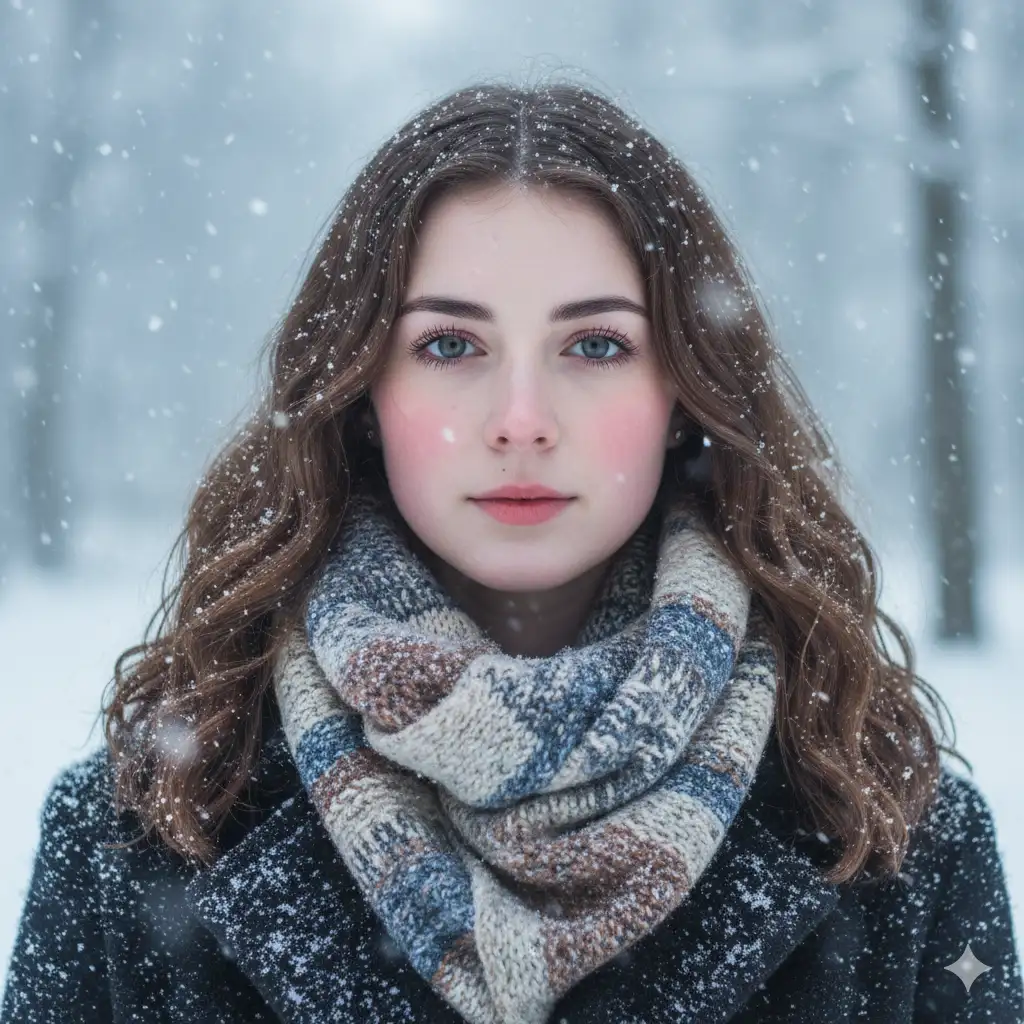 Create a close-up winter portrait of a young woman standing outdoors in softly falling snow. She has a calm, ethereal expression, with snowflakes gently resting on her tousled hair and dark coat. Her blue-gray eyes catch the soft ambient light, framed by delicate lashes and natural, rosy cheeks from the cold. She wears a large, patterned scarf in muted tones of beige, blue, and brown, its texture rich and slightly weathered. The snowy background is softly blurred, evoking a peaceful, wintry stillness. The overall lighting is diffuse and cool, enhancing the pale tones of her skin and the frosty atmosphere.