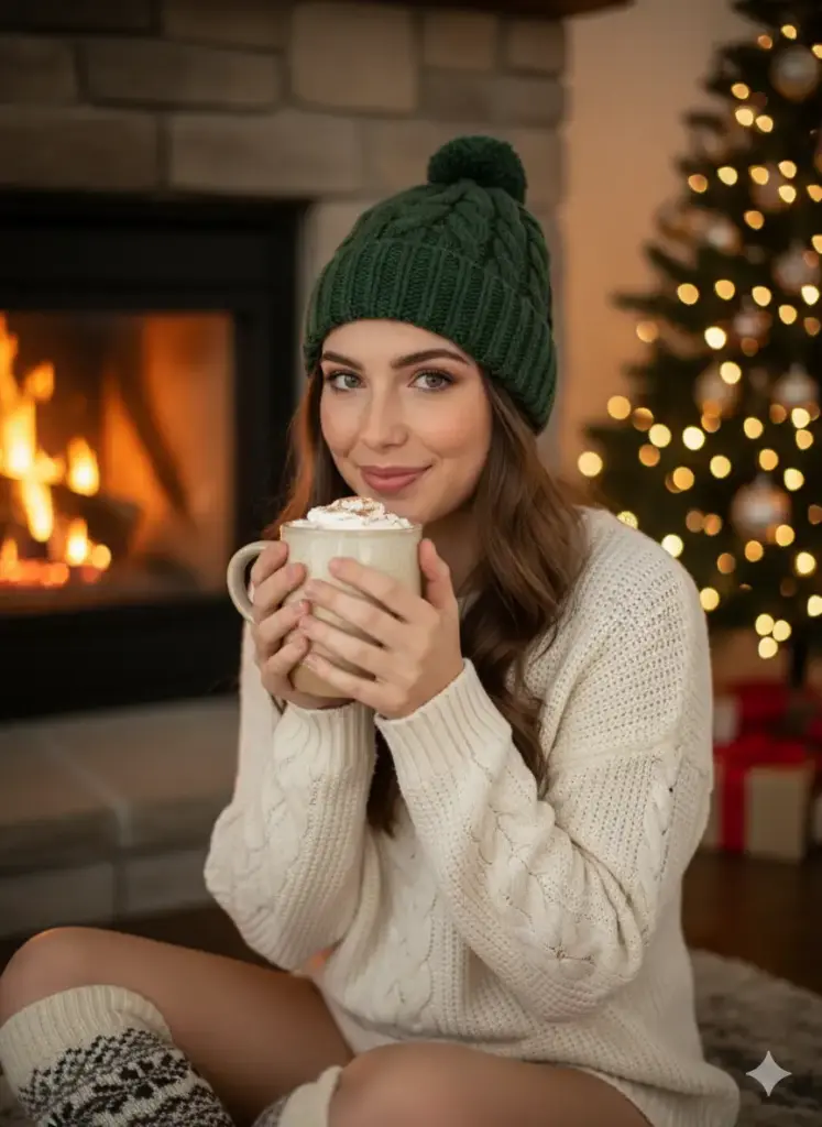 Create a cute photo of a young woman sitting near a fireplace wearing a knit sweater, wool socks, and a beanie. She's sipping hot chocolate while looking at the camera with a gentle smile. The warm orange glow of the fire lights her face softly, and the background includes a Christmas tree with blurred fairy lights. The overall tone feels warm and festive.