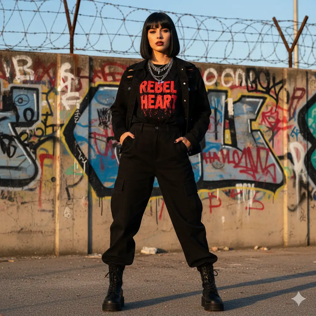 Create photo of a confident young woman standing outdoors in an urban setting with graffiti-covered walls and barred wire fencing in the background. She wears a bold, all-black streetwear outfit: a black denim jacket layered over a black graphic t-shirt with red, grunge-style text, and matching black high-waisted pants. Her straight, shoulder-length bob frames her face perfectly, and her makeup is striking—defined brows, contoured cheeks, and a matte lip. She accessorizes with chunky silver chains around her neck, exuding edgy confidence. The lighting is warm, golden-hour sunlight that enhances her strong, stylish look and urban attitude.