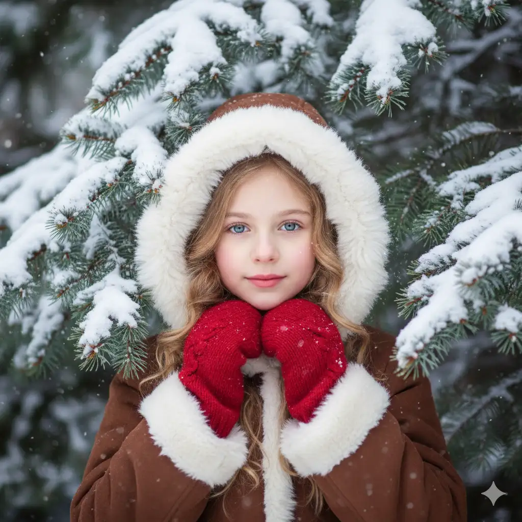 Create a magical winter portrait of a young girl nestled among snow-dusted evergreen branches. She wears a warm, plush brown coat with a hood lined in soft fur, framing her long, wavy blonde hair. Her expression is gentle and enchanting, with bright blue eyes that stand out beautifully against the muted forest tones. She holds her hands close to her face, covered in cozy red mittens that add a subtle pop of color to the scene. The evergreen branches surrounding her create a natural frame, some in sharp focus and others softly blurred, producing a dreamy depth and intimate forest atmosphere. Snowflakes rest lightly on the needles and drift softly through the air.