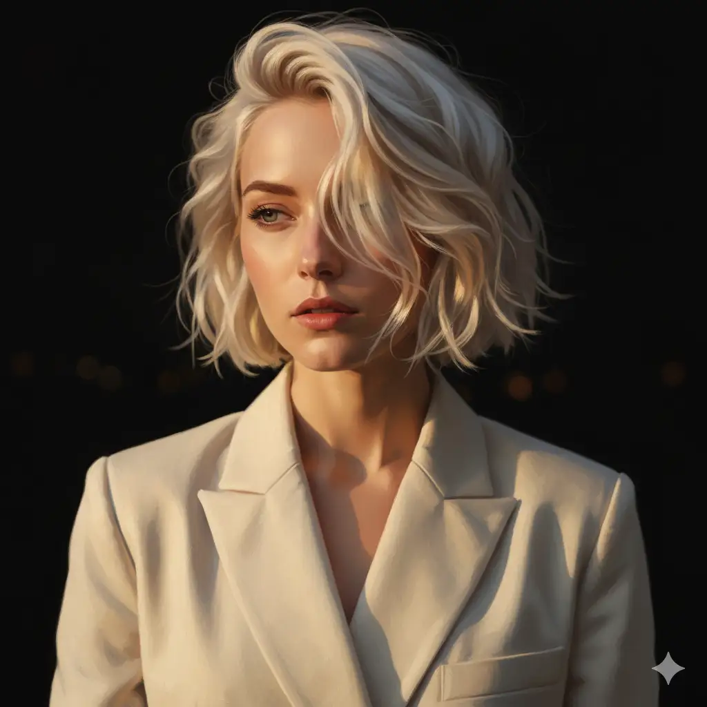 Create a softly lit portrait of a young woman with short, light-blonde hair that gently falls across her face, partially obscuring one eye. She wears a neutral-toned blazer with a structured collar, giving the image a refined yet effortless aesthetic. The lighting is dramatic and artistic, with warm golden tones and soft shadows creating a painterly mood. The background is dark and minimal, emphasizing the delicate highlights on her skin and hair. Her expression is calm and introspective, evoking a quiet elegance and cinematic intimacy.