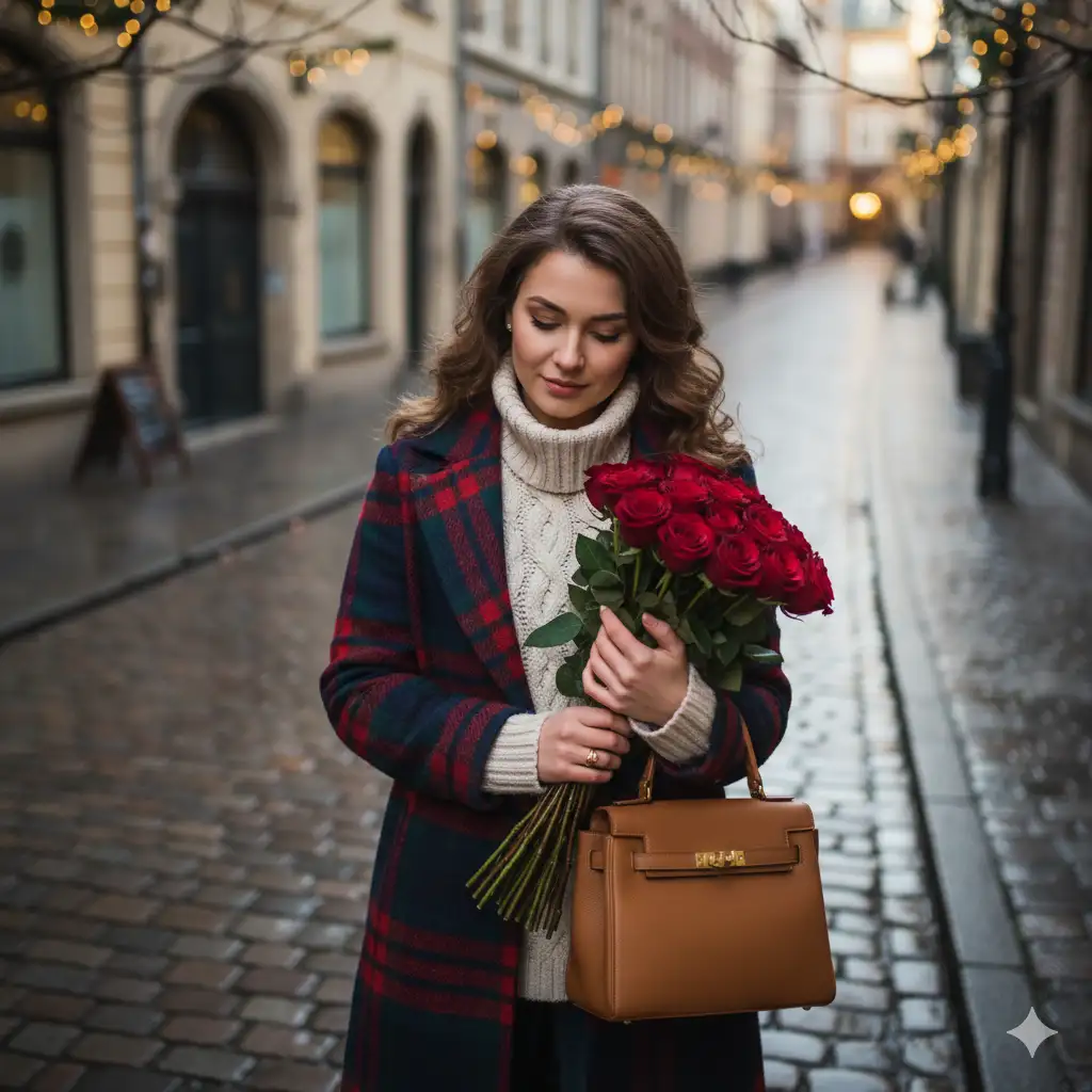 Create a cinematic, softly lit portrait of a young woman standing outdoors on a cobblestone or stone-paved street, viewed slightly from above. She wears a warm plaid overcoat layered over a cream-colored turtleneck sweater, exuding a vintage winter charm. In her hands, she holds a bouquet of deep red roses and a tan leather handbag, both adding a touch of elegance and warmth to the muted background. Her expression is gentle and reflective, and her hair is styled neatly, catching the natural afternoon light that softly illuminates her face. The overall tone feels nostalgic and romantic, with a delicate interplay of light and shadow creating depth and emotion.