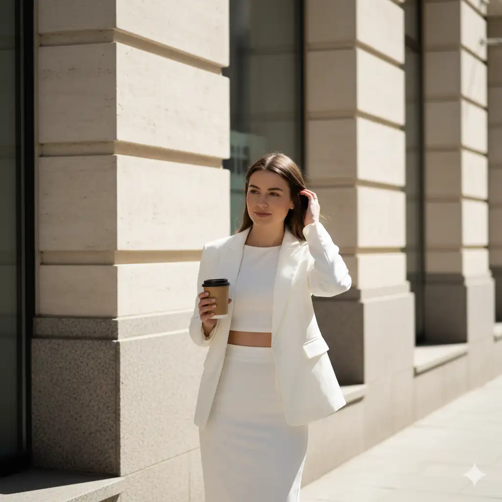 Create a chic urban portrait of a woman standing on a sunlit city street, framed by elegant stone architecture. She's dressed in a stylish all-white outfit, a fitted blazer over a cropped top and a sleek high-waisted skirt, radiating a clean, modern aesthetic. She holds a takeaway coffee cup in one hand while the other lightly touches her hair, adding a casual yet confident touch to her pose. Her expression is composed and approachable, and the natural sunlight casts bright highlights and soft shadows, enhancing the crisp tones of her outfit. The background features textured beige stone walls and glass windows, subtly reflecting the bright midday light, creating a refined and contemporary city vibe.