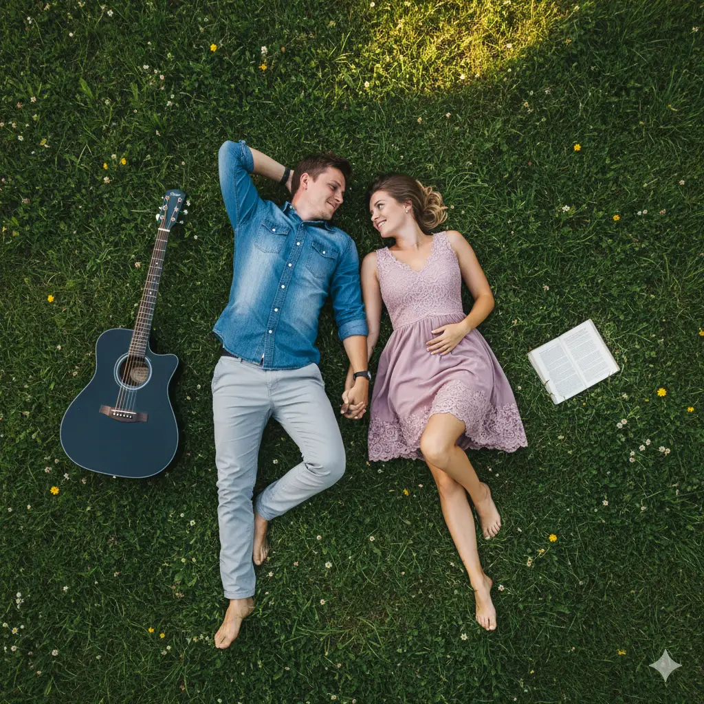 A romantic, top-down portrait of a couple lying on a lush green lawn, holding hands and gazing lovingly at each other. The man, dressed in a blue denim shirt and light gray pants, reclines comfortably with one arm bent behind his head. Beside him, the woman wears a soft mauve lace dress, lying barefoot on the grass with her heels placed neatly beside her. A black acoustic guitar rests near the man's side, and a book lies open beside the woman, adding a personal, storytelling touch. The vibrant green grass provides a rich, natural backdrop, while the couple's relaxed poses and warm smiles create a joyful, intimate atmosphere.