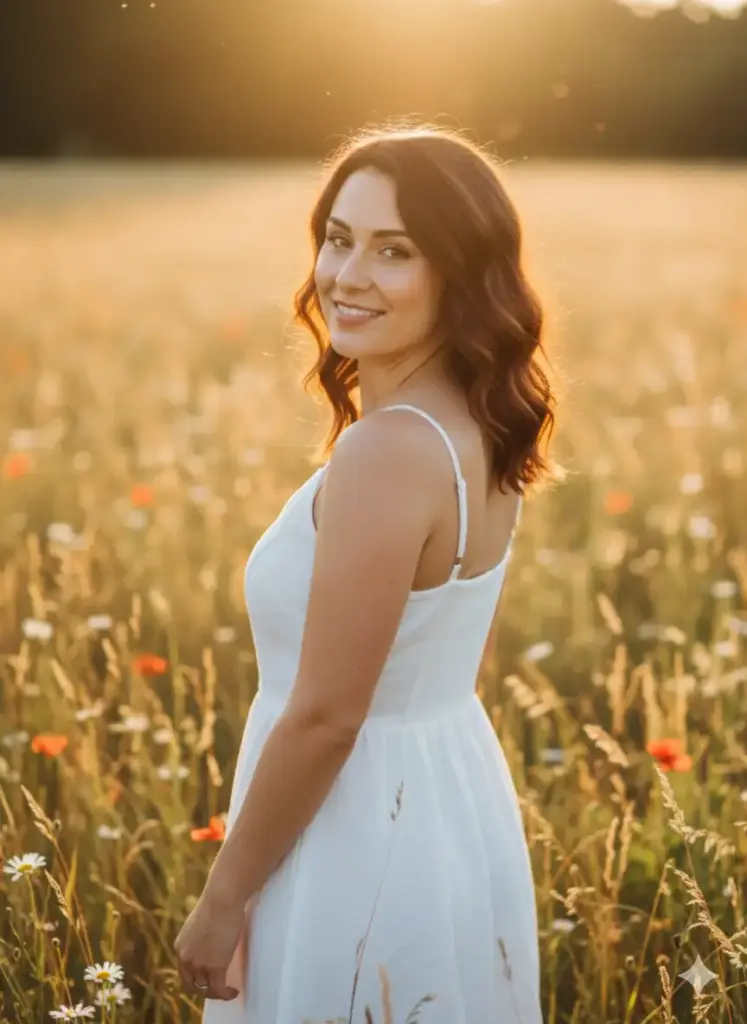 Create a dreamy and beautiful profile picture for Instagram, based on my photo of a woman, embodying the perfect "golden hour" aesthetic. She is wearing a simple, elegant sundress and her hair is styled in loose, natural waves. The setting is a beautiful field of tall grass or wildflowers at sunset, with the sun low in the sky behind her, creating a stunning halo effect of rim lighting around her hair. The background is a soft, buttery bokeh of light and nature. Capture her in a gentle, candid moment, perhaps looking over her shoulder towards the camera with a serene and happy smile, creating an image that feels both aspirational and authentic.