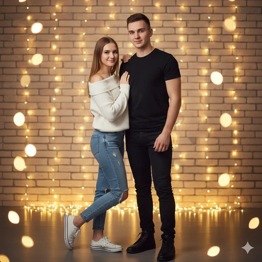 Create a cozy indoor couple portrait featuring a young man and woman standing close together against a softly lit brick wall decorated with warm, golden fairy lights. The woman wears a white off-shoulder sweater, light blue jeans, and white sneakers, posing with one leg slightly bent and a gentle smile. The man wears a black outfit, standing confidently beside her with his arm resting lightly on her shoulder. The ambient lighting creates a romantic, festive atmosphere, with blurred bokeh lights glowing in the background. The overall mood is warm, intimate, and modern.
