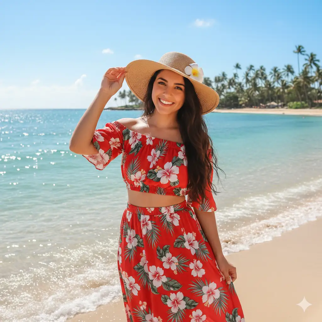 Create a vibrant beachside portrait of a young woman standing near the shoreline on a sunny day. She wears a red floral off-shoulder crop top with matching flowy skirt and a wide-brimmed straw hat adorned with a white flower. Her long, dark hair cascades over her shoulder as she smiles warmly at the camera, lightly touching the brim of her hat. The turquoise sea glistens under the bright sky, with gentle waves rolling onto the golden sand and palm trees lining the distant shore. The overall atmosphere is cheerful, breezy, and full of summer warmth.