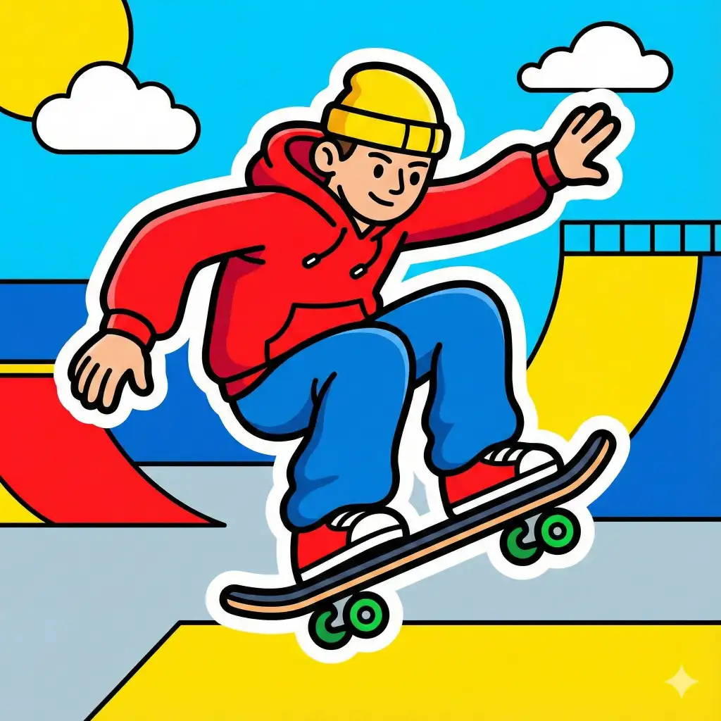 Create a thick-line vector art illustration of a teenager skateboarding. The character must have very bold, distinct black outlines and smooth, clean vector curves. Use bright, flat colors with minimal shading. The style should resemble high-quality flash animation or sticker art with a white border around the main character, in a square 1:1 aspect ratio.