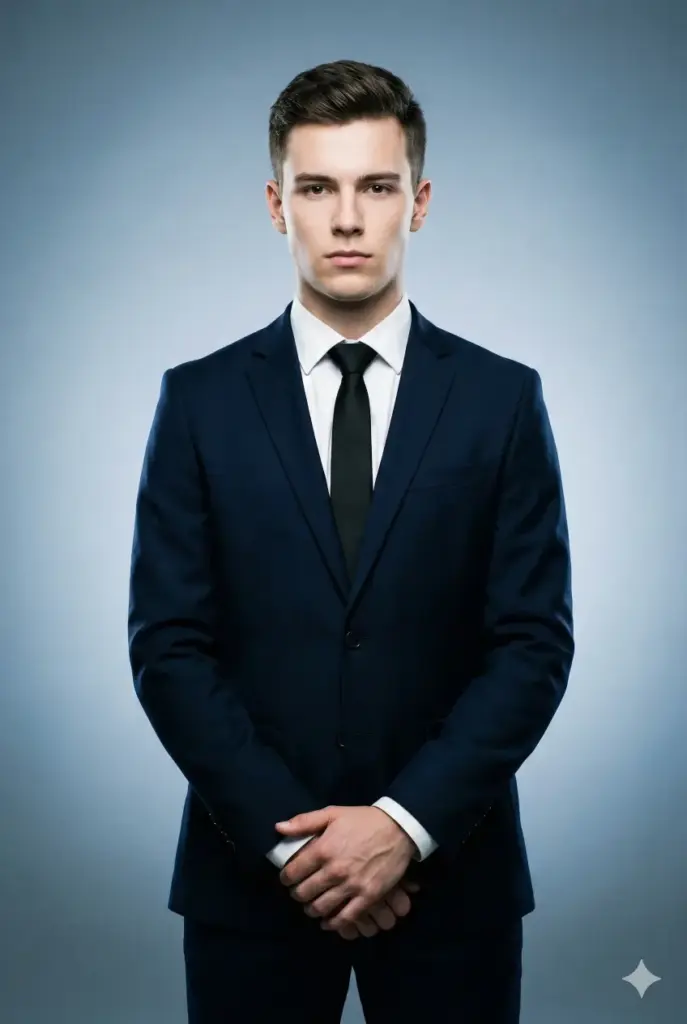 Create a studio portrait of a young man standing straight with shoulders squared and hands clasped in front. He wears a navy suit, crisp white shirt and a simple black tie. His expression is neutral and sharp. Use soft balanced lighting from both sides to create a polished look. The backdrop should be a smooth gradient in cool tones. Use aspect ratio 2:3.
