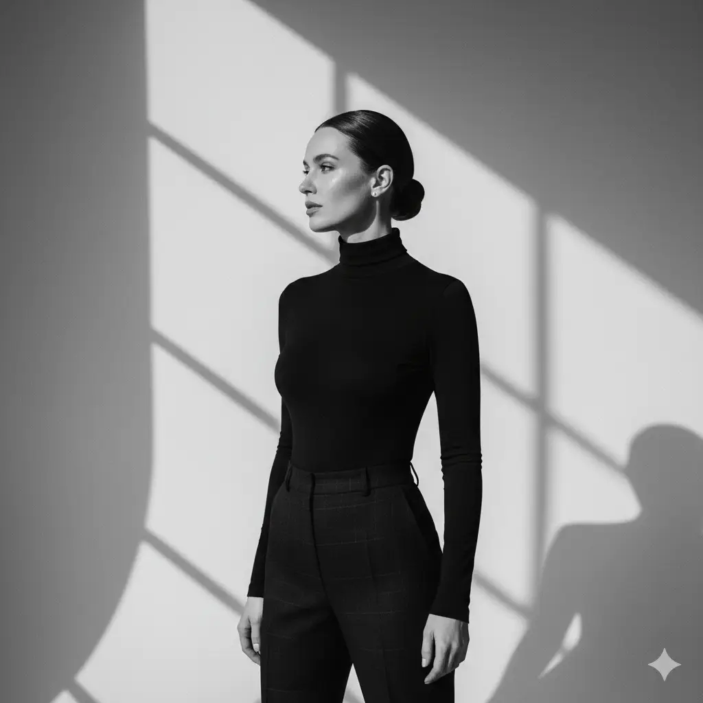 Create a refined monochrome portrait of a poised woman standing against a softly lit backdrop where large geometric window shadows fall across the wall. She looks to the side with a calm, confident expression. Her hair is styled in a sleek low bun that reflects the light smoothly. She wears a fitted black turtleneck and high-waisted trousers with a subtle grid pattern, creating a clean and modern silhouette. The lighting is bright and directional, illuminating her face with gentle highlights that emphasize her smooth skin and defined features. The overall atmosphere feels elegant, minimal, and contemporary with strong shapes, crisp contrast, and a polished studio aesthetic.