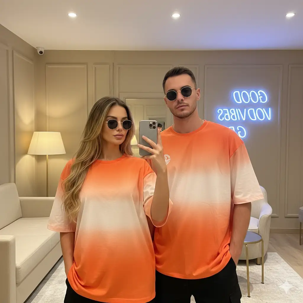 A stylish couple taking a mirror selfie in a warmly lit, modern interior. Both wear matching oversized orange-to-white gradient T-shirts, creating a coordinated and fashionable look. They stand side by side, each wearing round black sunglasses that add a touch of cool, retro flair. The man holds a smartphone to take the picture, while the woman stands confidently beside him, her long hair draped neatly over one shoulder. The background features elegant decor with beige tones, soft ambient lighting from lamps, and a glowing neon sign in cursive writing on the wall, giving the space a trendy, studio-like atmosphere. The overall mood is polished, chic, and modern, a perfect mix of casual streetwear and aesthetic minimalism.