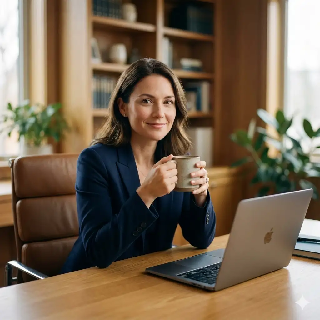 Create a high-resolution professional photo of a woman sitting at an office desk with a laptop, smiling softly. She wears a navy blue blazer and minimal makeup. The background shows a blurred office interior with warm lighting, creating a polished executive tone. Use 1:1 aspect ratio.
