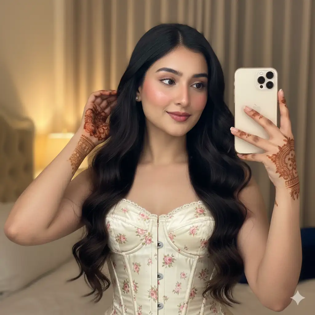 Create a softly lit indoor mirror selfie of a young woman with long, wavy dark hair, wearing a vintage-inspired cream corset top with delicate pink rose floral prints. She holds her phone in one hand while gently tucking her hair behind her ear with the other, revealing intricate mehndi (henna) patterns on her hand. Her makeup is minimal and natural, with a smooth, and glowing complexion. The background is softly blurred, enhancing focus on her poised expression and refined styling. The warm ambient lighting creates a cozy, flattering tone, blending elegance with a subtle romantic touch.