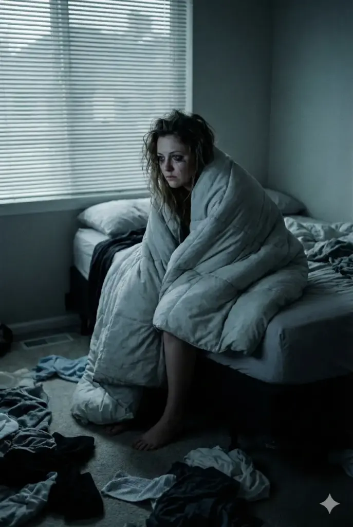 Create an intimate, sad photograph with an aspect ratio of 2:3. The subject is a woman sitting at the edge of a bed in a dimly lit bedroom. It is early dawn; weak, grey light is filtering through the blinds. She is wrapped in a duvet, staring blankly at the floor, her posture hunched. Her hair is messy, and her makeup is slightly smudged under her eyes, indicating she has been crying. The room is cluttered, with clothes scattered on the floor. The color palette should be very cool, dominated by slate greys, pale blues, and shadows, creating an atmosphere of cold numbness and emotional exhaustion.