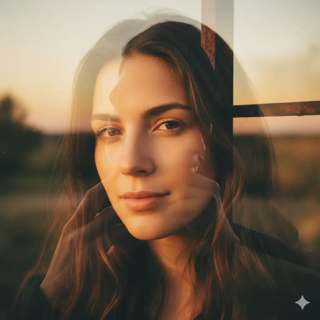 Create a warm-toned double-exposure portrait featuring a close-up of a woman's face, softly illuminated by golden light. Her expression is calm and introspective, with warm brown eyes looking gently toward the viewer. Her skin carries a natural, sun-kissed glow, and long dark hair frames her face. The second exposure overlays a scene of a person in profile, facing sideways, with soft outdoor lighting and faint environmental details such as distant trees and a horizon line. Subtle elements like a hand resting near the chin and a railing or metal bars appear faintly within the blend, adding layered texture and narrative depth. The exposures merge smoothly with warm oranges, soft shadows, and a gentle haze, creating an intimate, nostalgic mood. Emphasize seamless blending, warm sunset coloration, reflective emotion, and the poetic interplay between portraiture and memory-like secondary imagery.