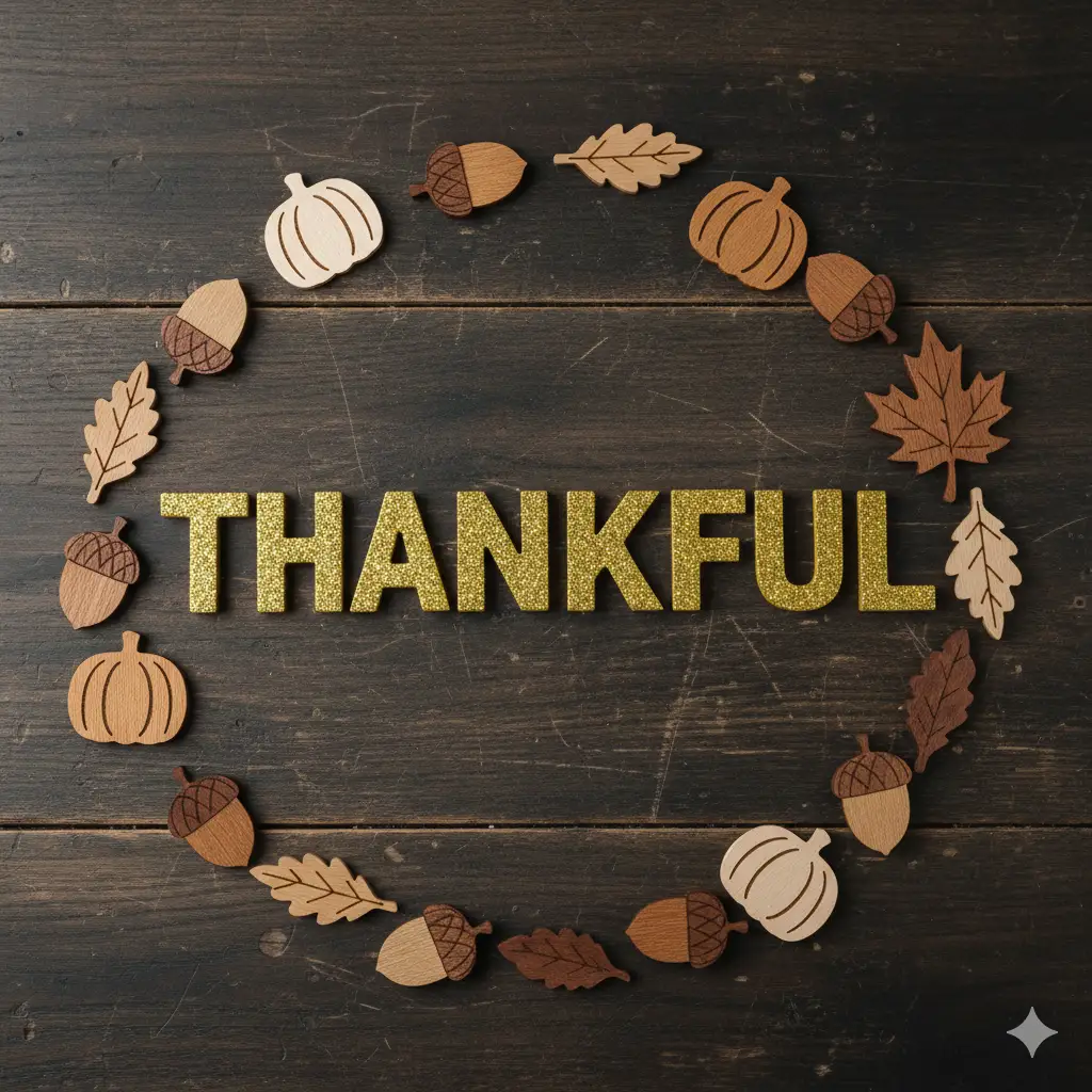 Create photo of a warm, rustic flat-lay composition on a rich, dark wooden surface with visible natural grain and subtle imperfections. At the center, the word 'THANKFUL' appears in bold, blocky letters coated in shimmering gold glitter, evenly spaced and perfectly aligned. Surrounding the word is an arrangement of small autumn-themed wooden cutouts: pumpkins with carved line details, acorns in multiple shapes, delicate leaf silhouettes, and a single maple leaf. The cutouts vary in warm tones, light birch, medium oak, and deep walnut, creating a harmonious palette of natural wood colors. The objects form an organic semicircle or wreath-like arrangement around the word, giving a handcrafted, cozy, seasonal feel. Soft, diffused lighting gently highlights the glitter texture and the warm wood tones, creating an inviting, autumn-inspired aesthetic.