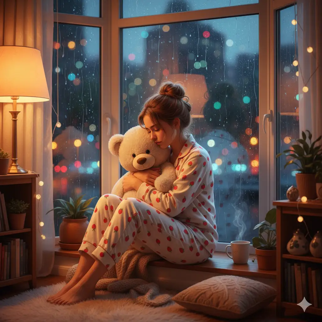 Create a cozy indoor portrait of a young woman sitting by a large window on a rainy evening, hugging a soft teddy bear. She wears white pajamas patterned with small red strawberries, her hair gently tied back with loose strands framing her thoughtful face. Raindrops on the glass reflect the colorful city lights outside, creating a dreamy bokeh effect. Her reflection in the window mirrors her pensive expression, adding emotional depth to the composition. The warm indoor lighting contrasts beautifully with the cool tones of the night outside, evoking a tender, nostalgic feeling of solitude and comfort.
