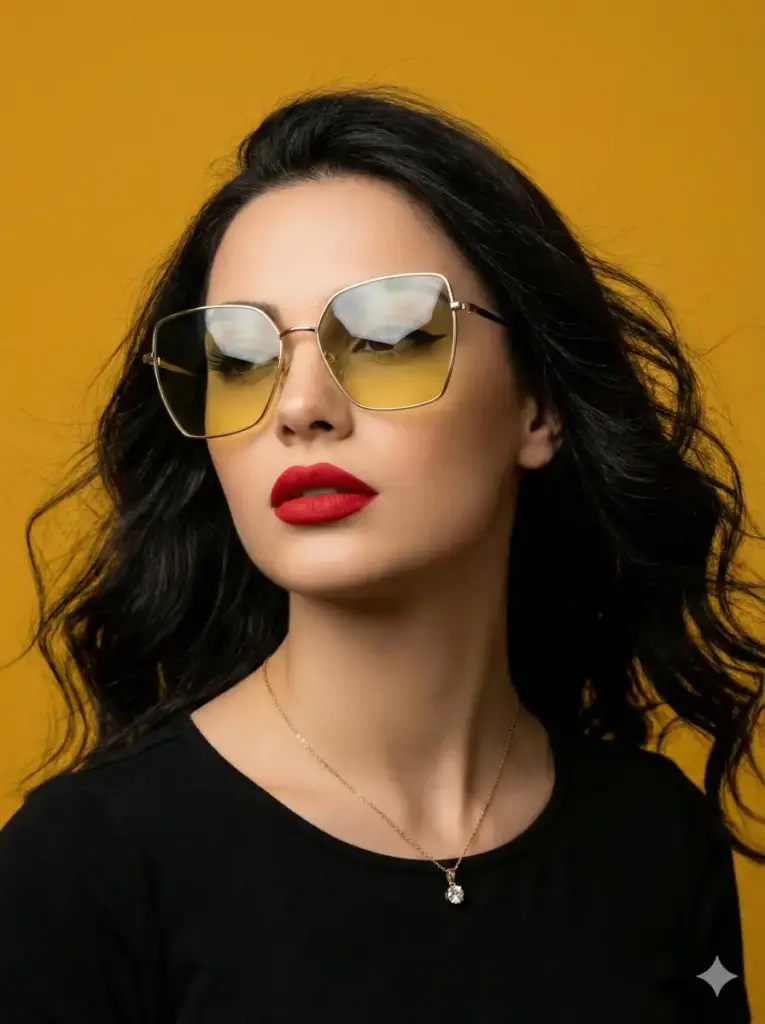 Create a striking beauty portrait of a woman set against a vibrant mustard-yellow backdrop. She wears oversized, angular sunglasses with golden-yellow tinted lenses that reflect soft studio lights, giving the image a sleek, modern sheen. Her long, dark hair flows outward on both sides as if caught in a subtle wind, creating dramatic movement and framing her face. She has smooth, luminous skin and wears bold red lipstick, adding a powerful contrast to the monochromatic yellow tones. Her makeup is clean and sharp, with defined eyeliner and a polished finish. Around her neck is a delicate gold chain necklace with a small, single pendant that glints subtly. She wears a minimal black top that keeps attention on her face and accessories. The overall aesthetic is glamorous, confident, and editorial. Use 3:4 aspect ratio.