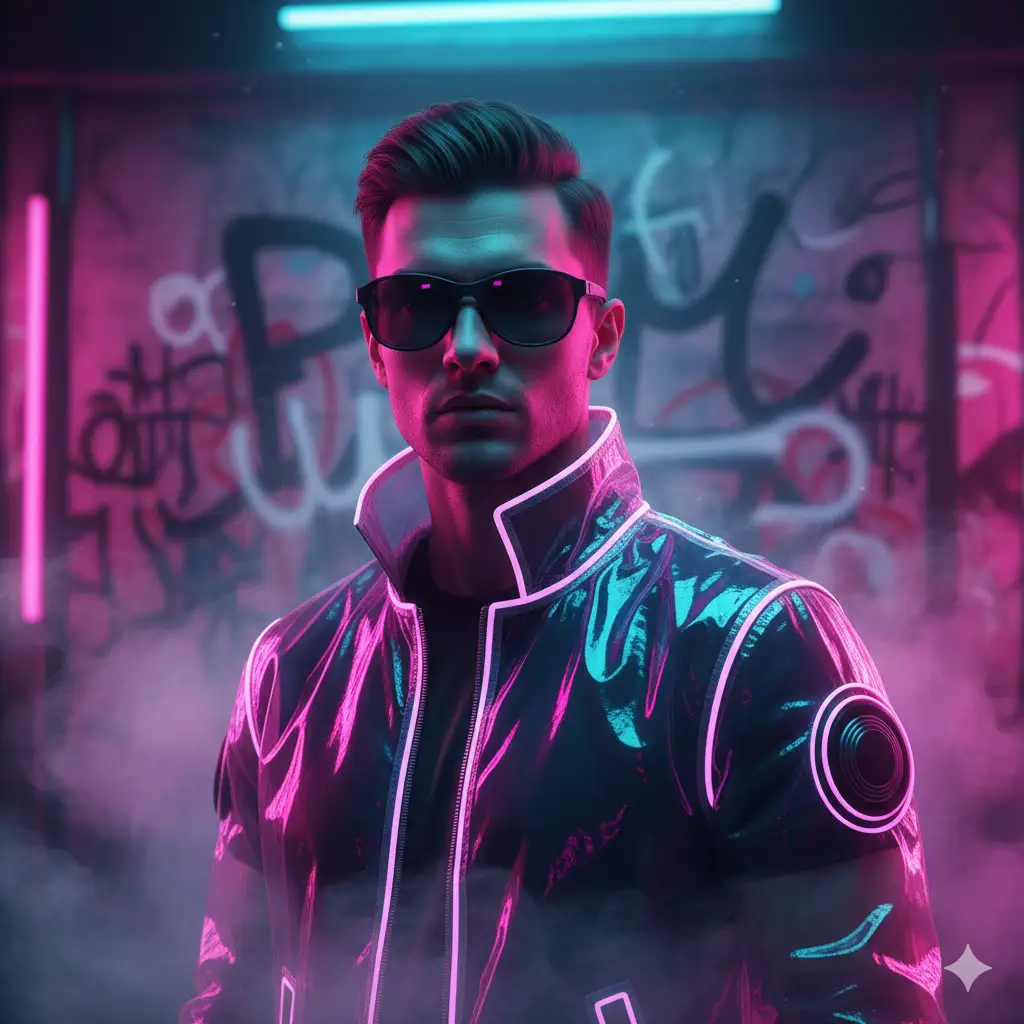 Create photo of a confident young man wearing dark sunglasses stands in front of a graffiti-covered urban wall, surrounded by drifting neon-lit fog. He wears a futuristic transparent jacket made of glossy, reflective material that catches vivid streaks of pink, purple, and blue light. The jacket features glowing trim that emits a soft neon glow, illuminating the front of his torso and collar. His neatly styled hair contrast with the vibrant cyberpunk atmosphere. The background includes blurred graffiti shapes and abstract lettering, softened through the haze. Lighting is dramatic and color-rich, with a strong emphasis on neon reflections, creating a cinematic cyberpunk portrait with a cool, high-tech mood.