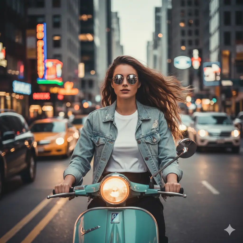 Create photo of a stylish young woman rides a vintage turquoise Vespa scooter through a bustling city street. She has long, flowing hair that catches the wind dramatically as she speeds forward. She wears a light blue denim jacket over a white t-shirt, black pants, and round sunglasses that reflect the motion and city lights around her. The background shows blurred cars, colorful storefronts, and tall buildings, creating a sense of dynamic motion and urban energy. The scooter's headlight glows warmly, emphasizing the contrast between her calm confidence and the fast-paced city environment. The overall mood is vibrant, cinematic, and full of freedom and movement.