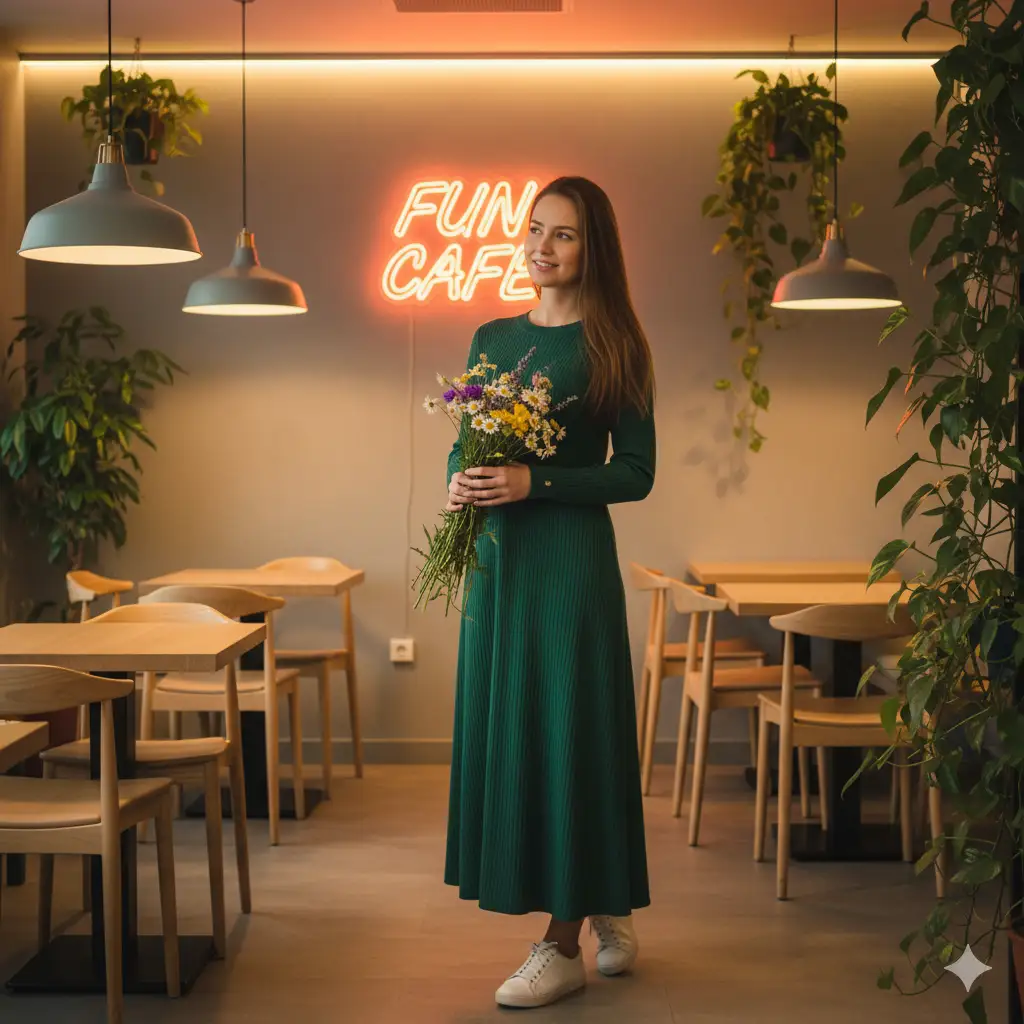 Create photo of a young woman standing gracefully inside a cozy modern café, softly lit with warm ambient lighting. She wears a long, ribbed, forest-green knit dress paired with white sneakers, blending comfort and elegance. She holds a bouquet of fresh wildflowers with a gentle smile, her long straight hair falling naturally over one shoulder. Behind her, a neon café sign reading "FUN CAFE" glows warmly on the wall, with wooden tables, chairs, and green potted plants completing the serene, inviting atmosphere. The overall composition feels relaxed and joyful, celebrating everyday beauty in a warm, modern setting.