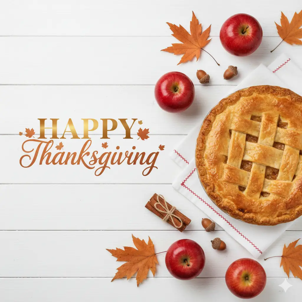 Create a bright, festive flat-lay scene on a clean white wooden surface with soft horizontal planks. On the right side, place a golden-brown lattice-crust pie on a white cloth napkin with subtle red stitching along the edge. Surround the pie with warm autumn accents: whole red apples with natural shine, cinnamon sticks bound in small bundles, scattered acorns, and several orange-brown dried maple leaves arranged loosely around the composition. On the left side, add elegant holiday typography reading 'HAPPY Thanksgiving'—the word 'HAPPY' in bold uppercase serif letters, and 'Thanksgiving' in a flowing, cursive script. Small decorative leaf silhouettes dot the lettering, tying it into the autumn theme. Maintain soft, even lighting to enhance the crisp white background, the warm tones of the pie and leaves, and the cozy harvest-season atmosphere.