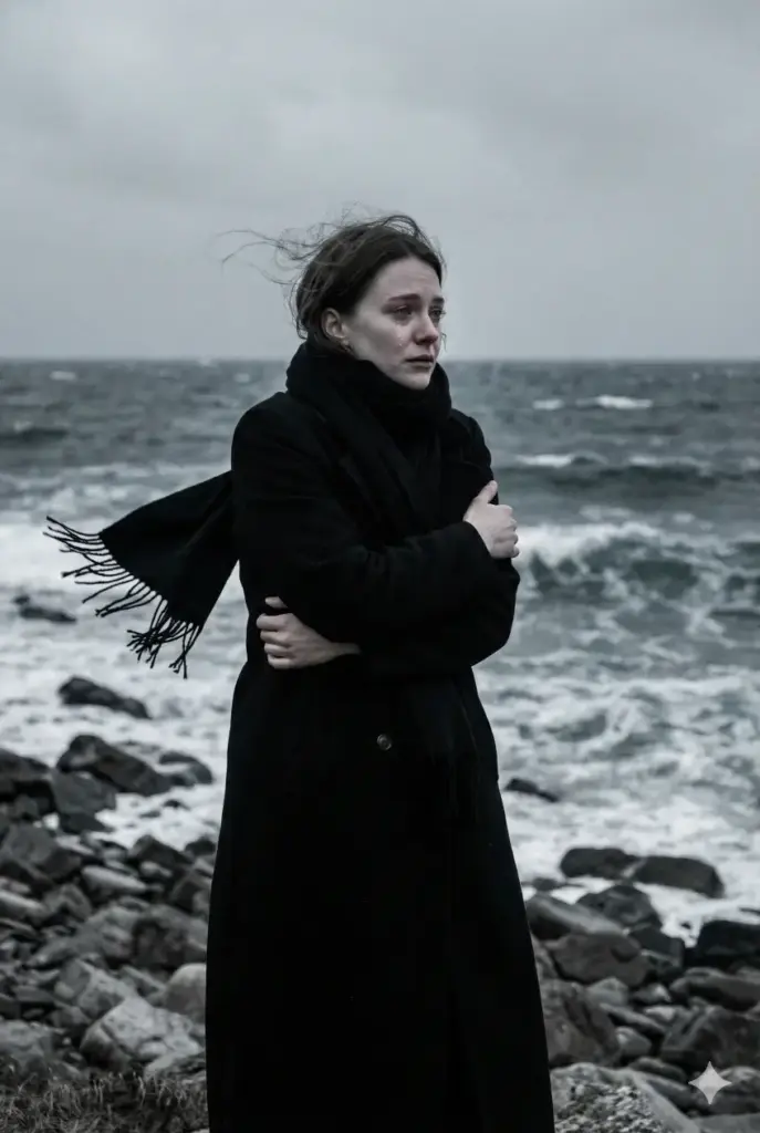 Create an atmospheric photograph with an aspect ratio of 2:3. The subject is a woman standing on a rocky, wind-swept beach under a heavy, grey overcast sky. The ocean is rough and dark. She is standing with her arms wrapped tightly around herself as if freezing, wearing a long black wool coat and a scarf that is whipping in the wind. She is looking out toward the horizon with teary eyes. The texture of the image should feel raw and gritty. The color tone should be extremely desaturated, almost black and white, with only subtle hints of slate blue in the water and the pale tone of her skin.