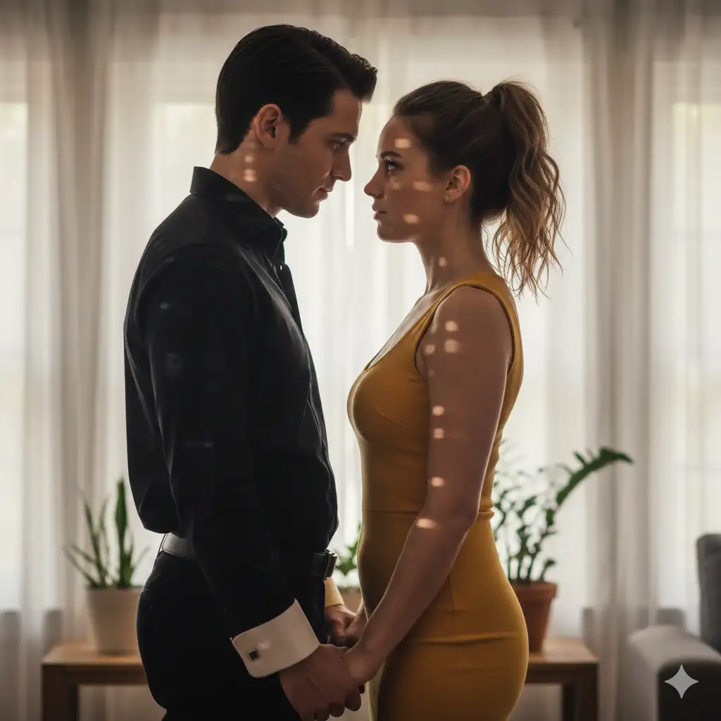 A warm, intimate indoor portrait of a man and woman standing close together, facing each other in soft natural light filtering through sheer white curtains. The man wears a black button-up shirt with a contrasting white collar, and has neatly styled hair. The woman, with her hair in a high ponytail, wears a fitted mustard-yellow sleeveless dress. They gaze into each other's eyes with subtle affection and calm intensity, their faces just inches apart. The sunlight creates delicate shadow patterns on their skin, adding a sense of depth and quiet drama. The mood is tender yet cinematic, evoking the quiet connection between two people in a moment of stillness.
