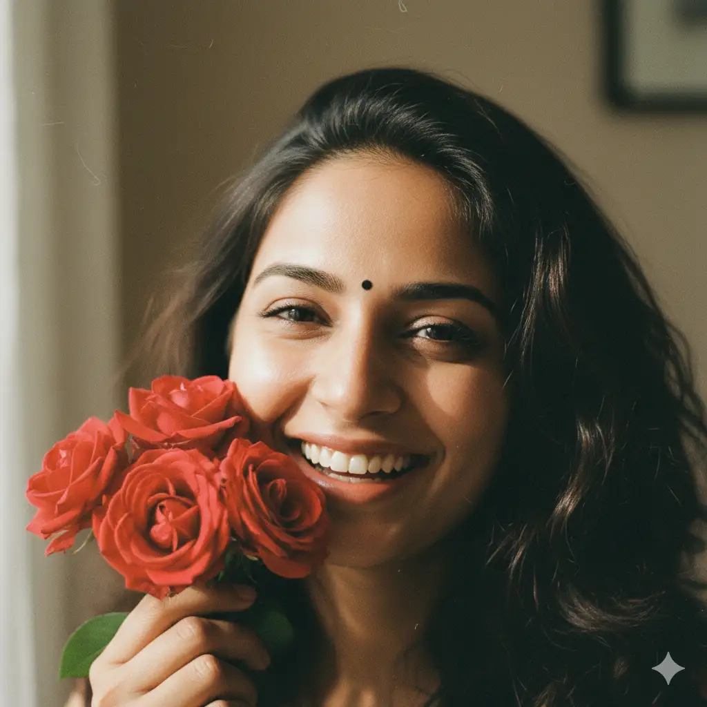 Create a close-up, intimate portrait of a smiling woman holding a small bouquet of vibrant red roses close to her face. Her expression radiates warmth and joy, her dark hair softly framing her face, and a tiny black bindi adorns her forehead. The roses are detailed and velvety, their petals glistening subtly in soft, diffused natural light. The composition focuses on her sparkling eyes and genuine smile, capturing an authentic, emotional moment filled with affection and tenderness. The background is softly blurred, emphasizing her face and the roses, with a slightly vintage or film-grain texture that adds depth and nostalgic charm.