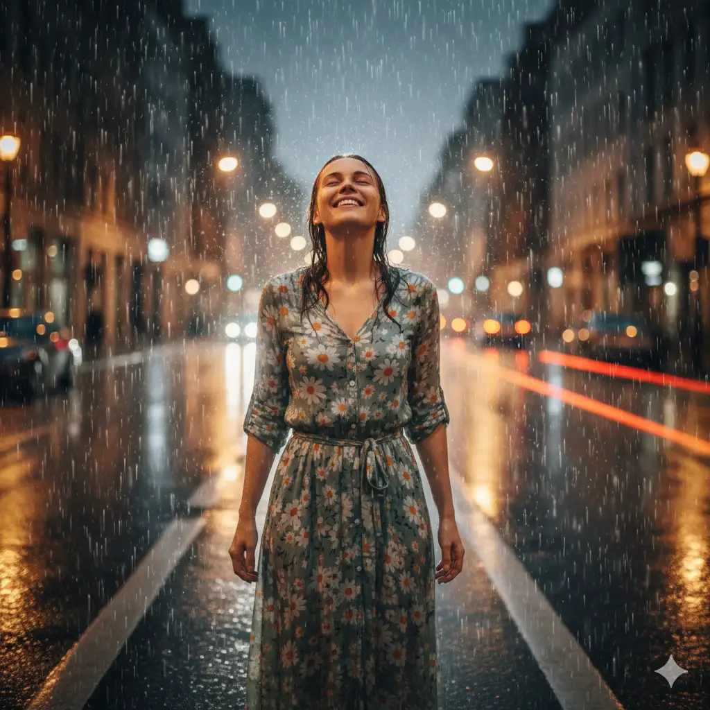 Create photo of a joyful young woman standing in the middle of a city street at night, drenched in the rain with her face tilted upward and eyes closed, smiling blissfully. She wears a long floral-print dress with soft green tones and white daisies, cinched at the waist with a belt. The street glistens with reflections of streetlights and car headlights, creating a dreamy, cinematic glow. Raindrops are visible in the air, illuminated by the lights. The atmosphere is romantic and freeing, she looks completely immersed in the moment, enjoying the simple beauty of the rain.