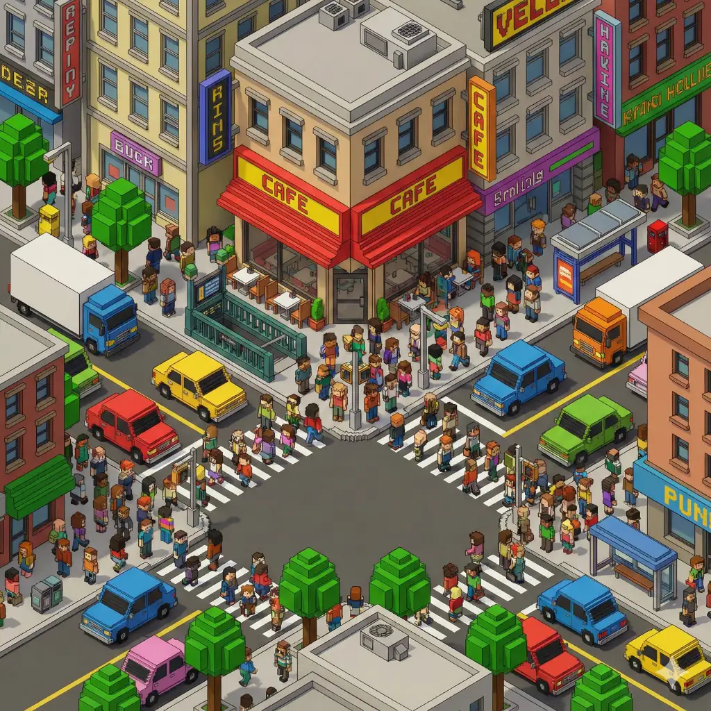 Create a voxel art scene of a bustling city street corner. Everything in the image, including cars, people, and buildings, must be constructed entirely out of tiny 3D cubes. The view should be isometric, with vibrant colors and a digital lego-like aesthetic in a square 1:1 aspect ratio.