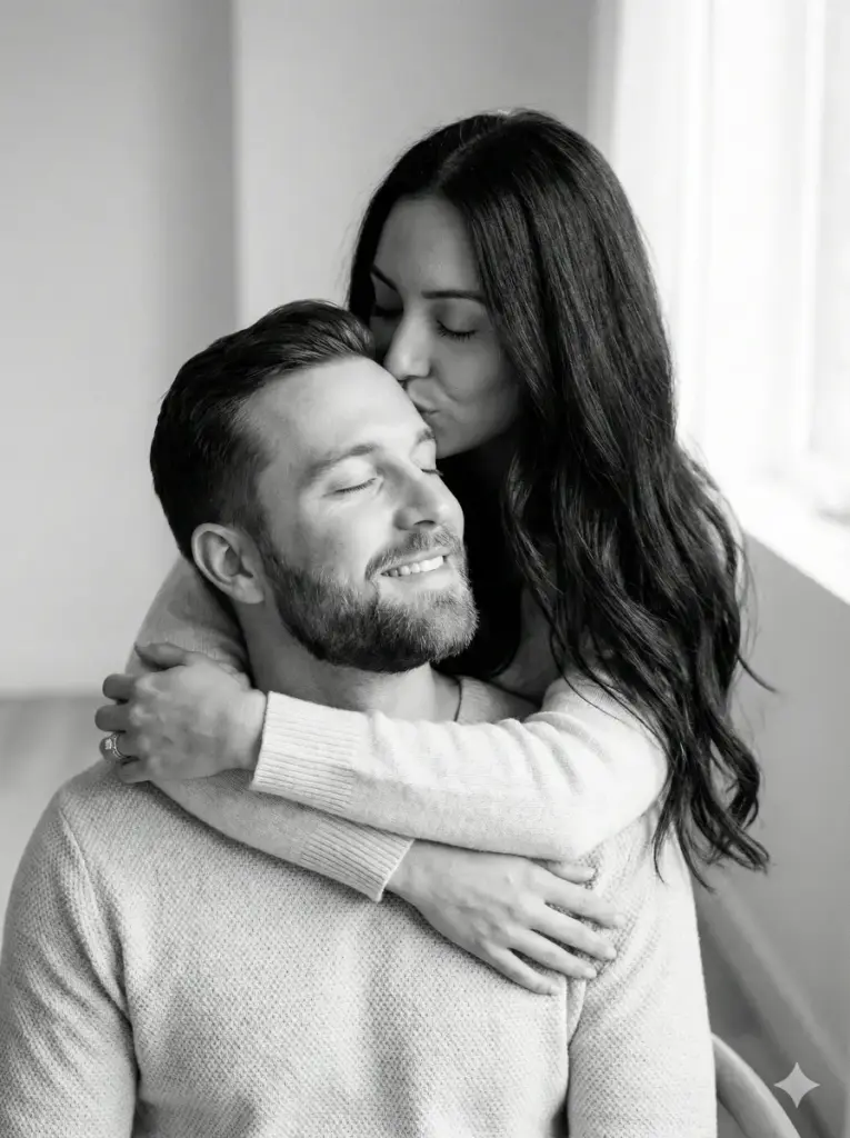 Create a gentle, intimate black-and-white portrait of a couple in a close embrace. The woman, with long dark flowing hair, wraps her arms around the man from behind and leans forward to place a soft kiss on his forehead. Her eyes are closed, expression serene and full of affection. The man sits comfortably, eyes closed with a peaceful smile, wearing a simple light-colored sweater. His neatly groomed beard and smooth skin catch the soft, diffused lighting. The background is minimalist and blurred, emphasizing the closeness and emotion between them. The overall aesthetic is timeless and romantic, with smooth grayscale tones, soft contrast, and a clean, elegant monochrome finish. Composition focuses tightly on their faces and upper bodies for maximum emotional impact. Use aspect ratio 3:4.