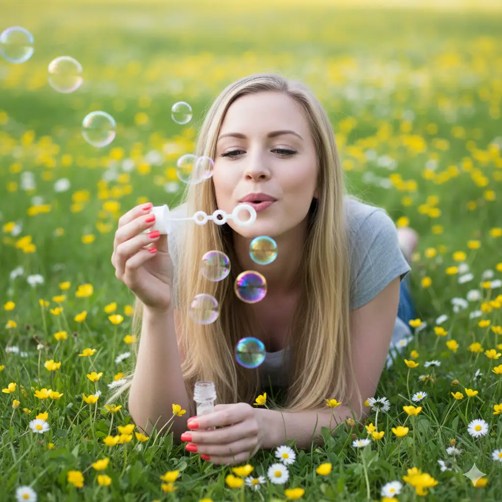 Create a joyful young woman lies on her stomach in a lush green meadow dotted with small yellow and white wildflowers, blowing soap bubbles into the air. She has long, straight, light-blonde hair that frames her face, and she wears bright coral nail polish that contrasts beautifully with the natural greens of the field. Her expression is relaxed and happy as she blows the bubbles, which shimmer with iridescent rainbow reflections against the soft-focus grassy background. Sunlight filters gently across the scene, enhancing the dreamy, carefree atmosphere of a perfect spring afternoon. The overall mood is playful, lighthearted, and nostalgic, evoking the innocence and wonder of simple outdoor joys.