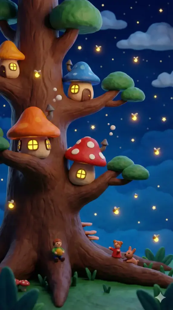 Create a phone wallpaper featuring a whimsical night scene of a large tree with mushroom-shaped houses built into its branches. The mushroom roofs are orange, blue, and red with spots, and the windows emit a warm, glowing yellow light. The background is a dark blue night sky filled with fireflies and subtle stars. The style should be in cute 3D clay render. 9:16 aspect ratio.