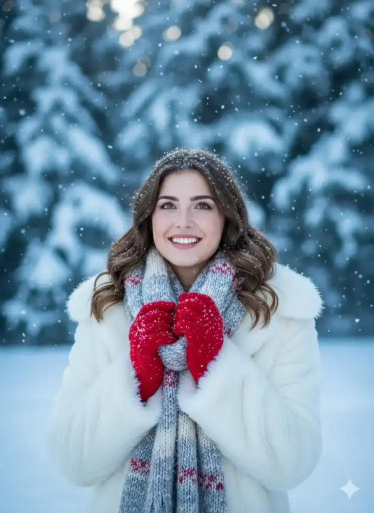 Create a cute girl photo of a young woman standing in the snow wearing a fluffy white coat, a knitted scarf, and red mittens. She's smiling as snowflakes fall. The background shows snow-covered trees with a soft blue tint. The photo feels cozy and cinematic with a touch of holiday charm.