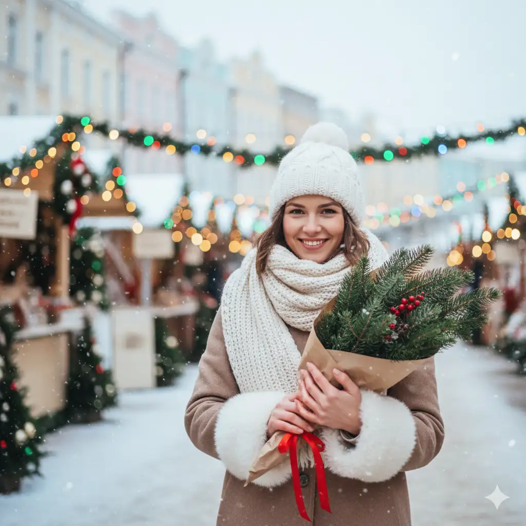 Create a cozy winter market scene featuring a woman standing outdoors in softly falling snow. She wears a warm white knit beanie, a cream-colored scarf, and a light brown winter coat with plush white cuffs. She holds a bundle of fresh evergreen branches wrapped in kraft paper, accented with small red ribbon ties. Her expression is warm and cheerful, illuminated by soft, diffused daylight. The background is a festive holiday market with blurred, colorful string lights and decorative elements creating a dreamy bokeh effect. Snow-covered architecture with gentle pastel tones rises subtly in the distance, enhancing the wintry ambiance. Aim for a shallow depth of field, soft natural lighting, and a cinematic, gently desaturated color palette for an elegant holiday atmosphere.